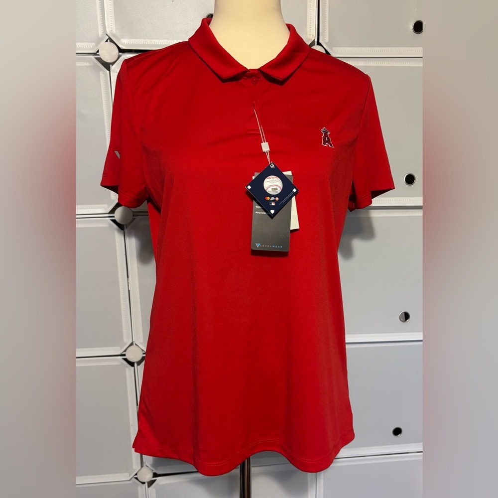 Women’s Angels Red Button-Down Polo with Team Embroidery